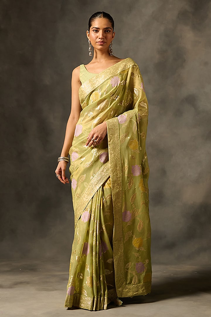 Green Viscose Tissue Jacquard Motif Saree Set by Saundh at Pernia's Pop Up Shop