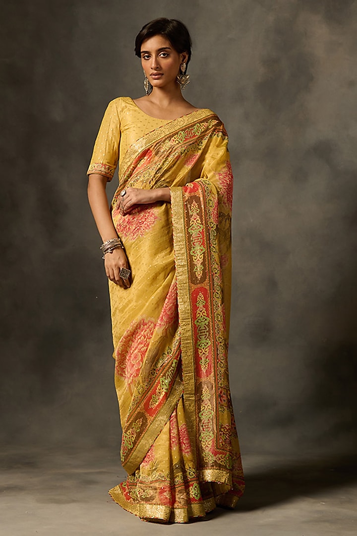 Yellow Viscose Tissue Jacquard Printed Saree Set by Saundh at Pernia's Pop Up Shop