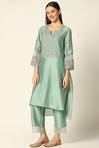 Sage Green Chanderi Silk Embroidered Kurta Set by Label Savi Abbot