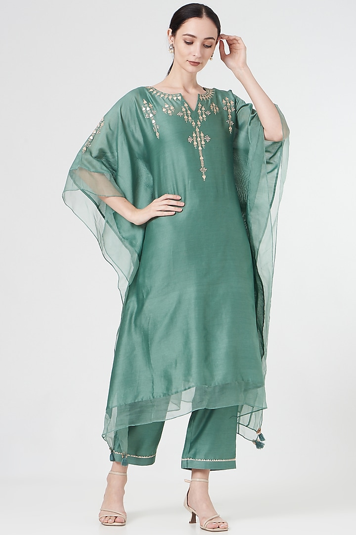 Sage Green Embroidered Kaftan Set by Label Savi Abbot