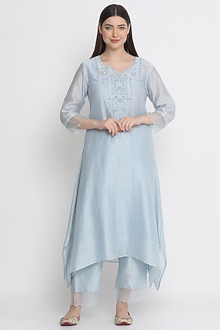 Powder Blue Hand Embroidered Kurta Set by Label Savi Abbot