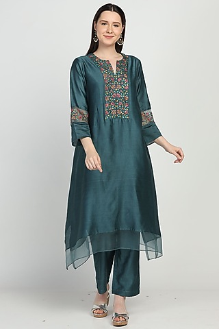 Teal Green Embroidered Kurta Set by Label Savi Abbot