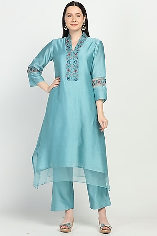 Ice Blue Embroidered Kurta Set by Label Savi Abbot