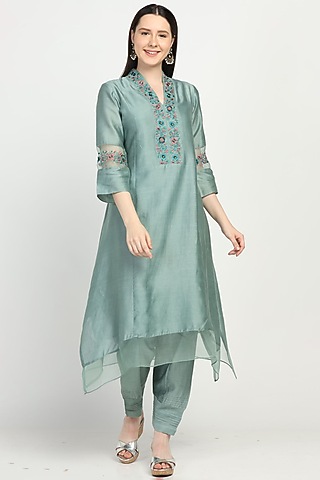 Sage Green Embroidered Kurta Set by Label Savi Abbot