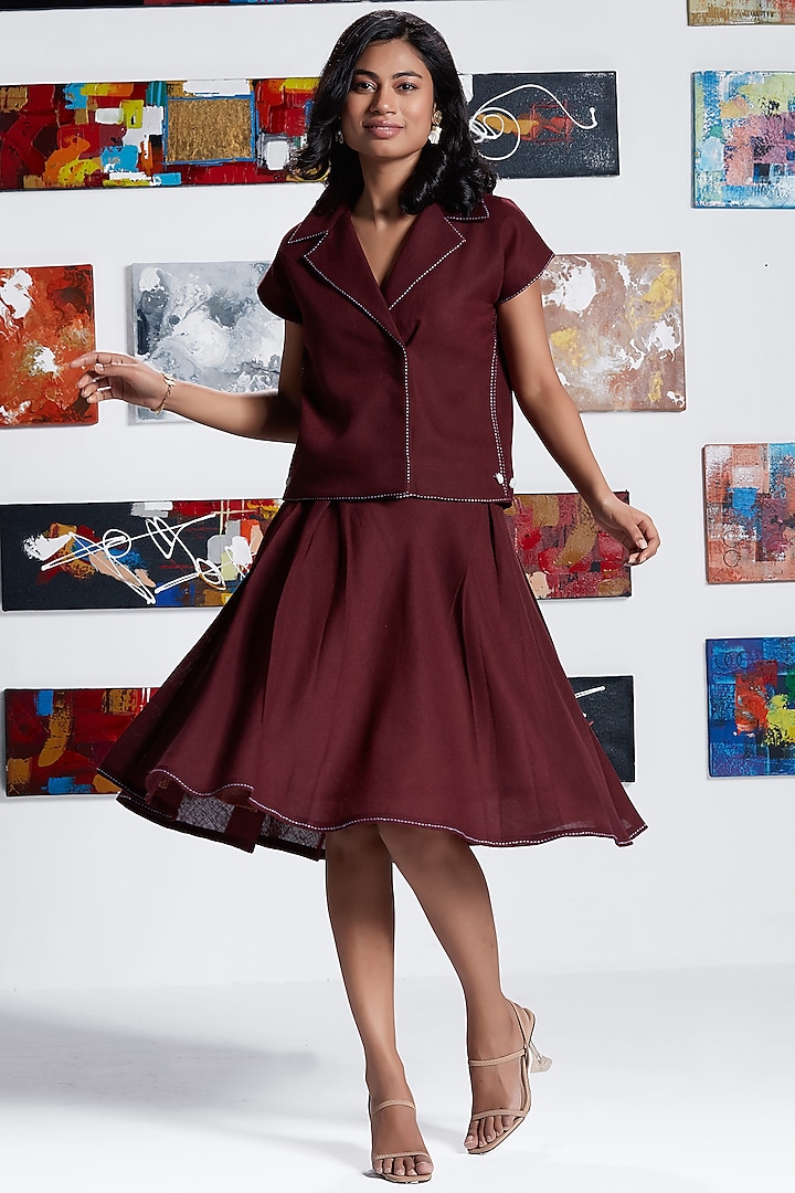 Maroon Linen Blend Skirt Set by Savaaya at Pernia's Pop Up Shop