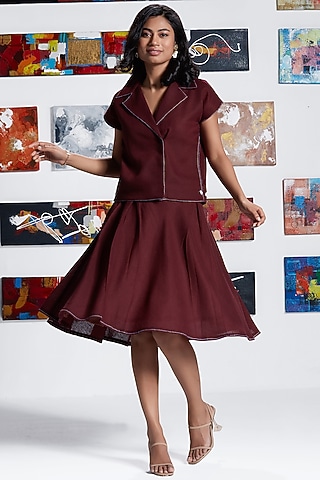Maroon Linen Blend Skirt Set by Savaaya
