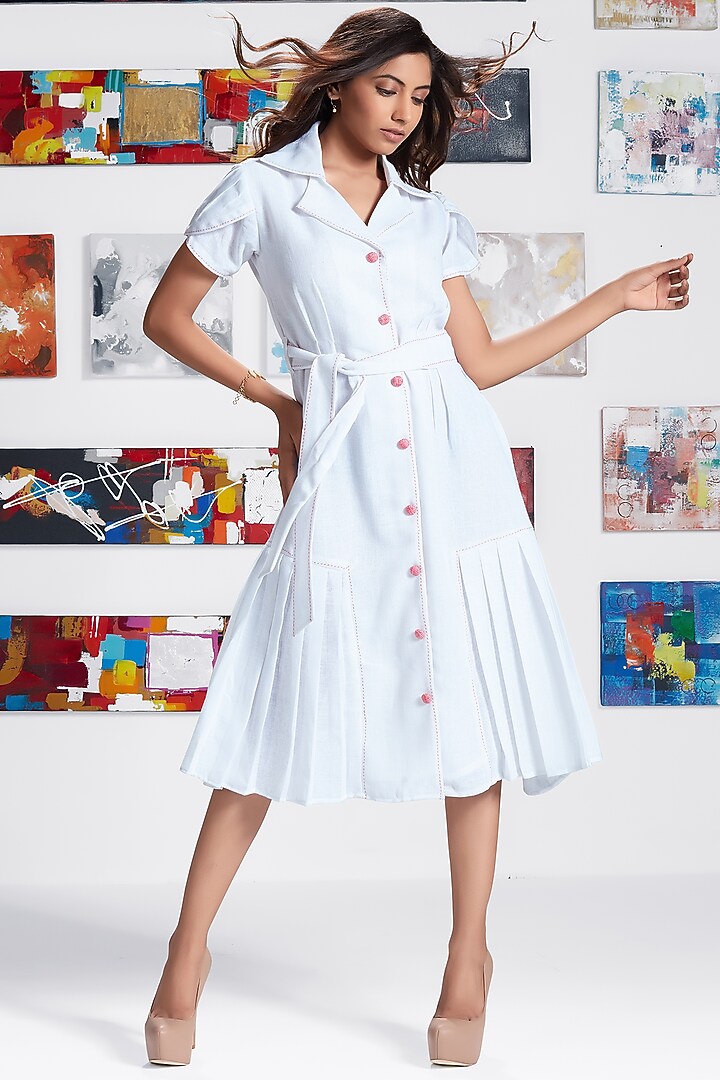 White Linen Blend Embroidered Midi Summer Dress by Savaaya at Pernia's Pop Up Shop