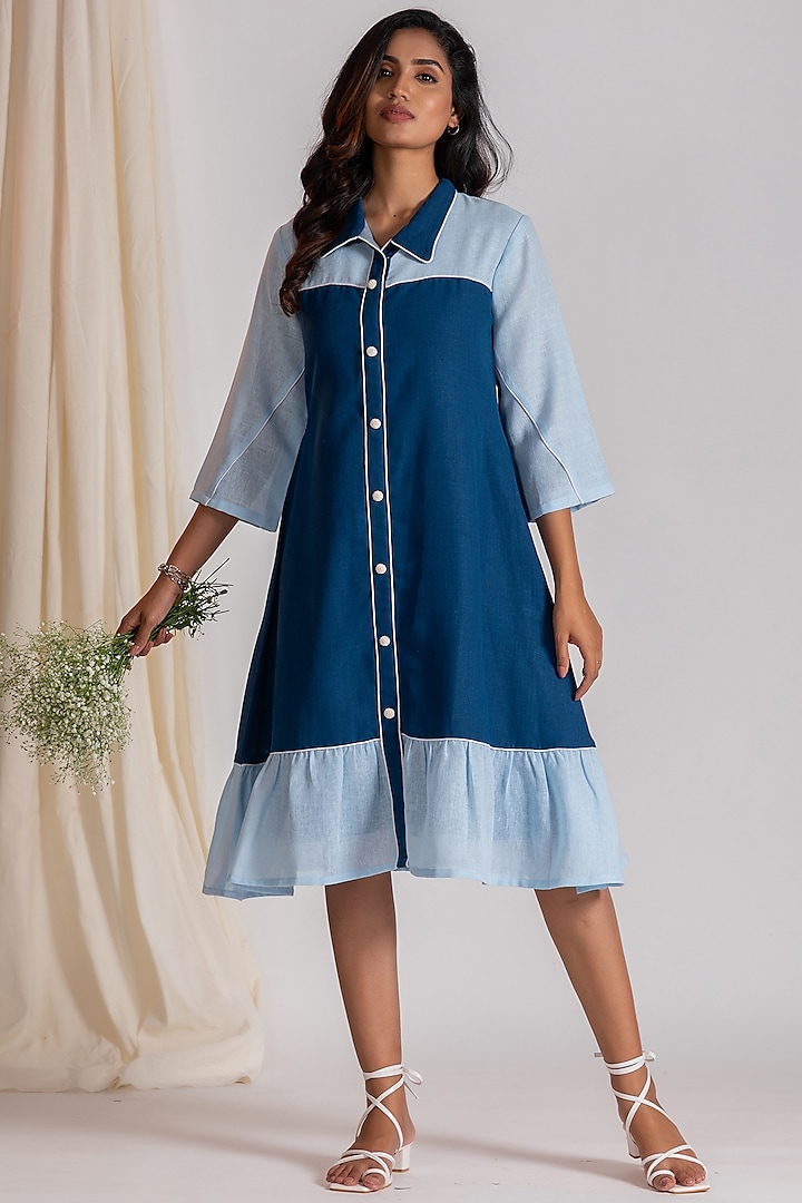 Blue Linen Blend Knee-Length Dress by Savaaya at Pernia's Pop Up Shop