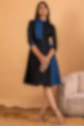 Black & Blue Linen Blend Embroidered Knee-Length Flared Dress by Savaaya