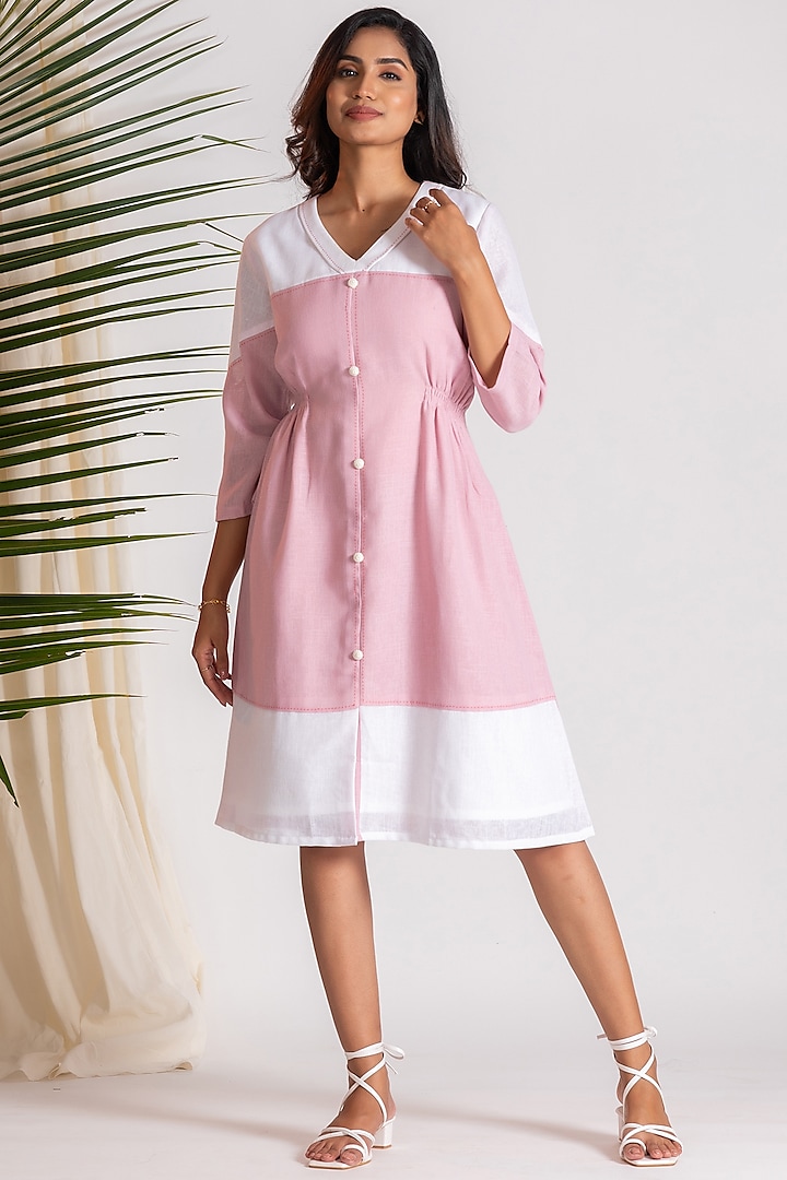 Pink Linen Blend Embroidered Knee-Length Flared Dress by Savaaya