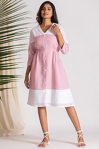 Pink Linen Blend Embroidered Knee-Length Flared Dress by Savaaya