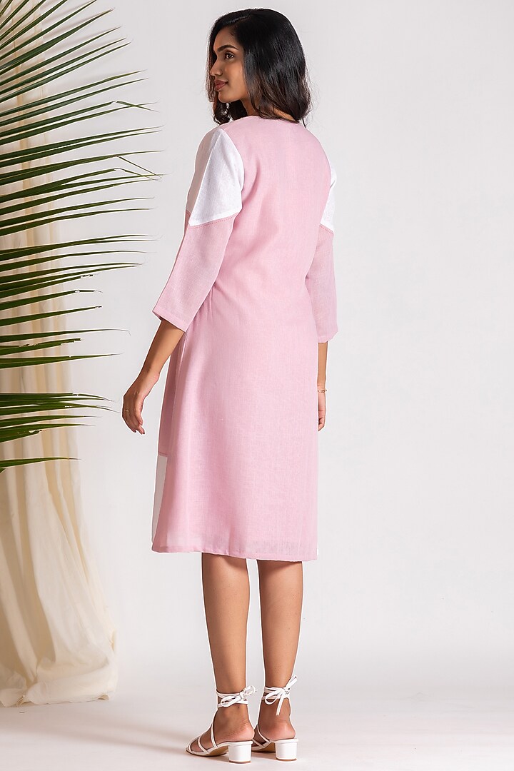 Pink Linen Blend Embroidered Knee-Length Flared Summer Dress by Savaaya at Pernia's Pop Up Shop