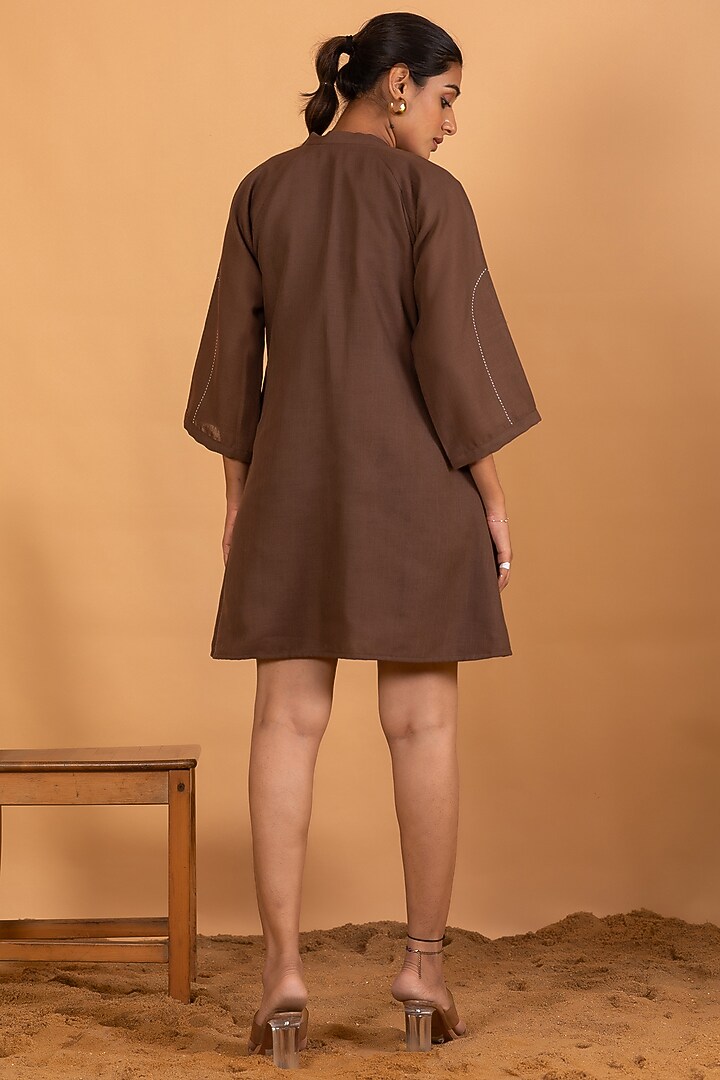 Brown Linen Blend Embroidered Knee-Length Summer Dress by Savaaya at Pernia's Pop Up Shop