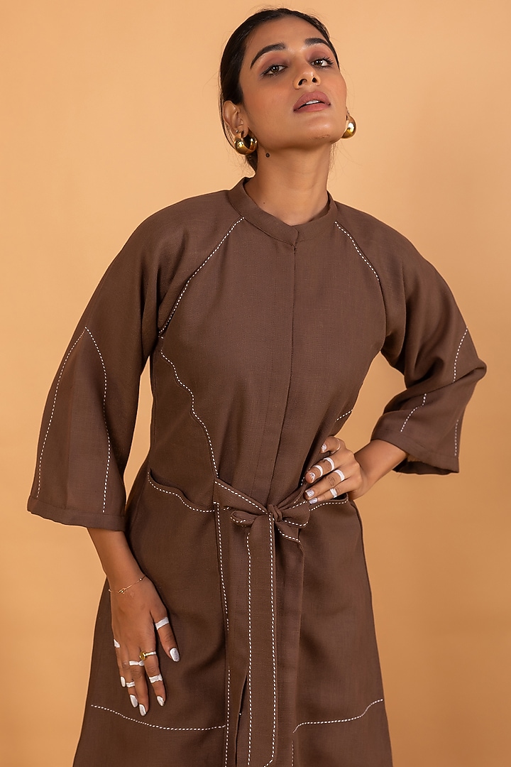 Brown Linen Blend Embroidered Knee-Length Summer Dress by Savaaya at Pernia's Pop Up Shop