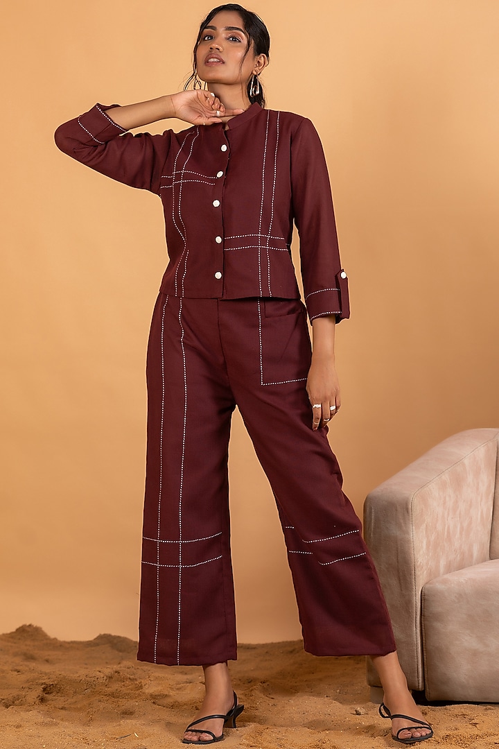Maroon Linen Blend Embroidered Co-Ord Set by Savaaya