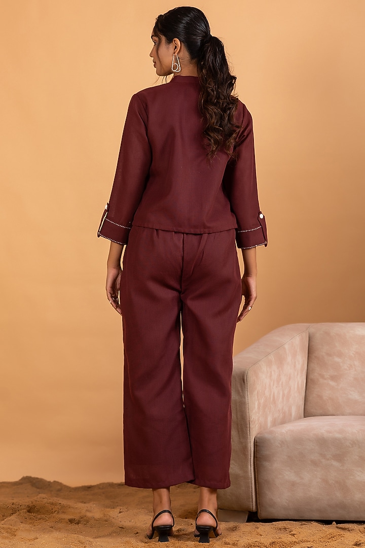 Maroon Linen Blend Embroidered Co-Ord Set by Savaaya at Pernia's Pop Up Shop