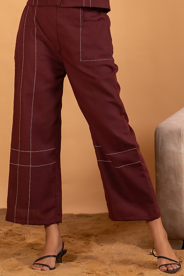 Maroon Linen Blend Embroidered Co-Ord Set by Savaaya at Pernia's Pop Up Shop