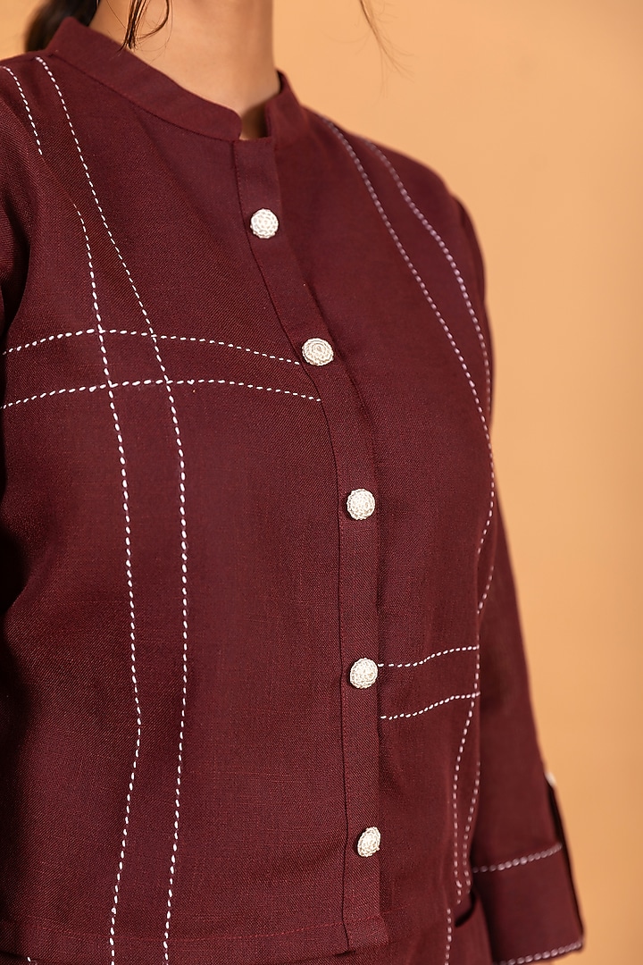 Maroon Linen Blend Embroidered Co-Ord Set by Savaaya at Pernia's Pop Up Shop