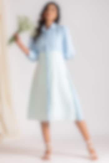 Light Blue Linen Blend Embroidered Knee-Length Dress by Savaaya