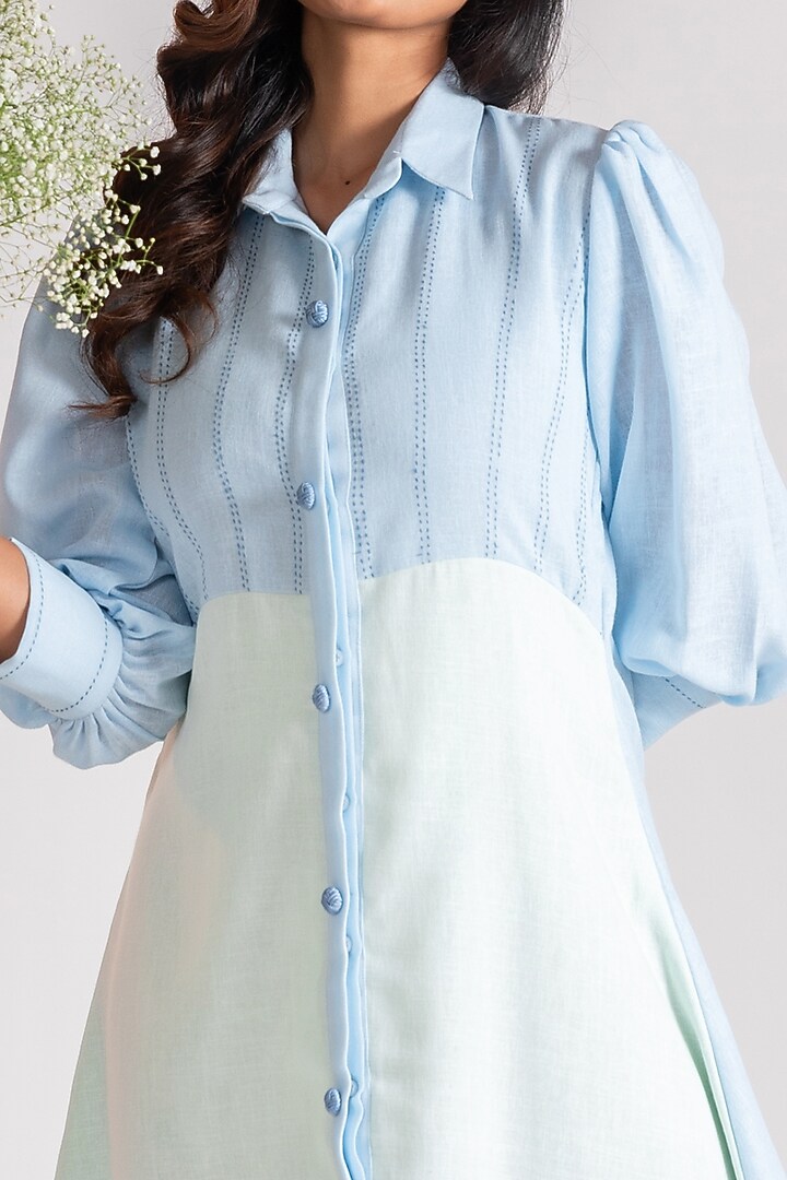 Light Blue Linen Blend Embroidered Knee-Length Summer Dress by Savaaya at Pernia's Pop Up Shop
