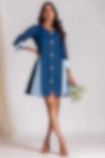 Blue Linen Blend Embroidered Mini Dress by Savaaya