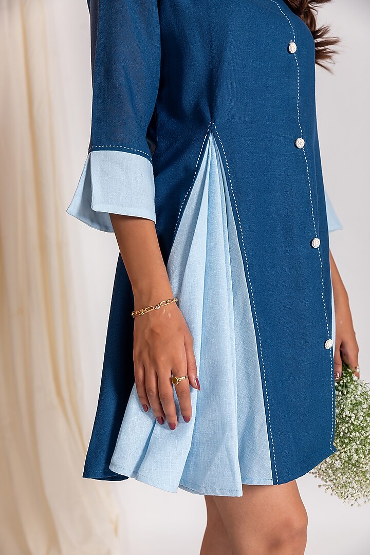 Blue Linen Blend Embroidered Mini Summer Dress by Savaaya at Pernia's Pop Up Shop