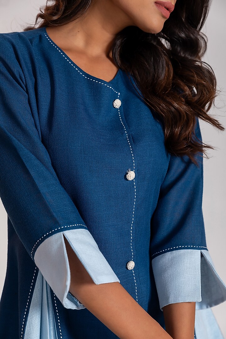 Blue Linen Blend Embroidered Mini Summer Dress by Savaaya at Pernia's Pop Up Shop