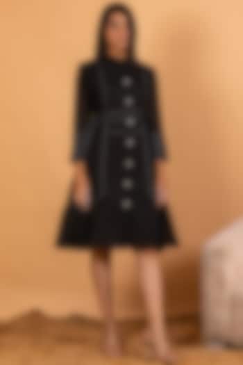 Black Linen Blend Embroidered Knee-Length Dress by Savaaya