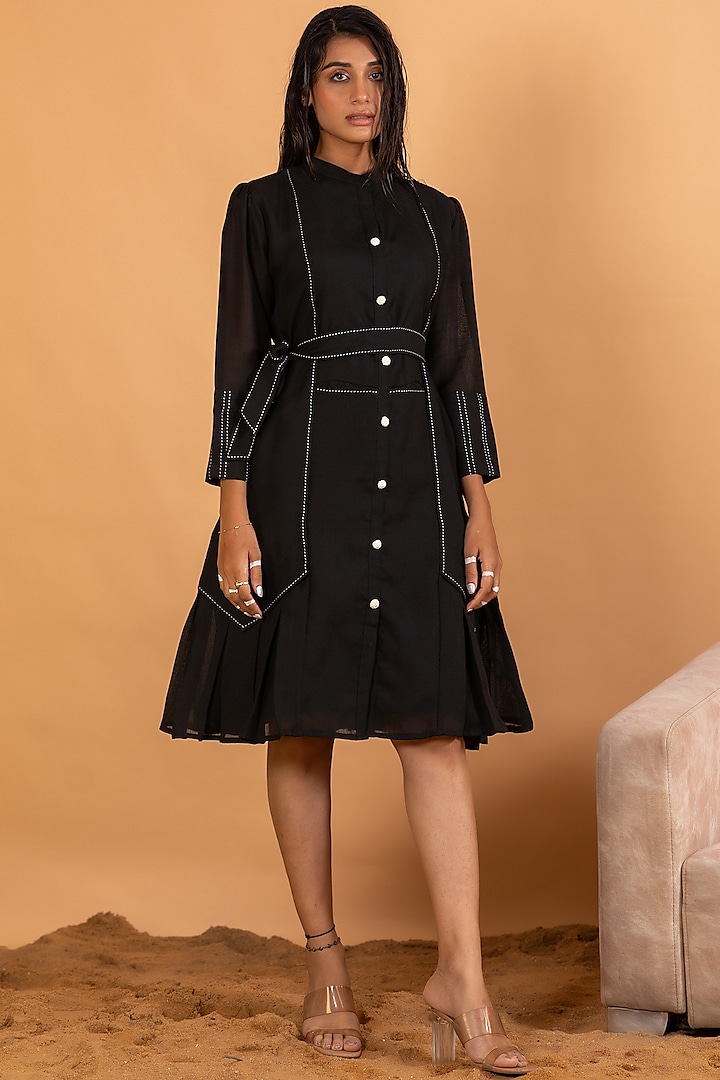 Black Linen Blend Embroidered Knee-Length Dress by Savaaya