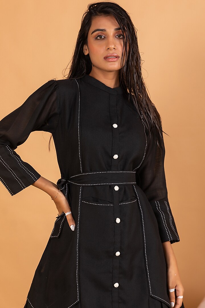 Black Linen Blend Embroidered Knee-Length Summer Dress by Savaaya at Pernia's Pop Up Shop