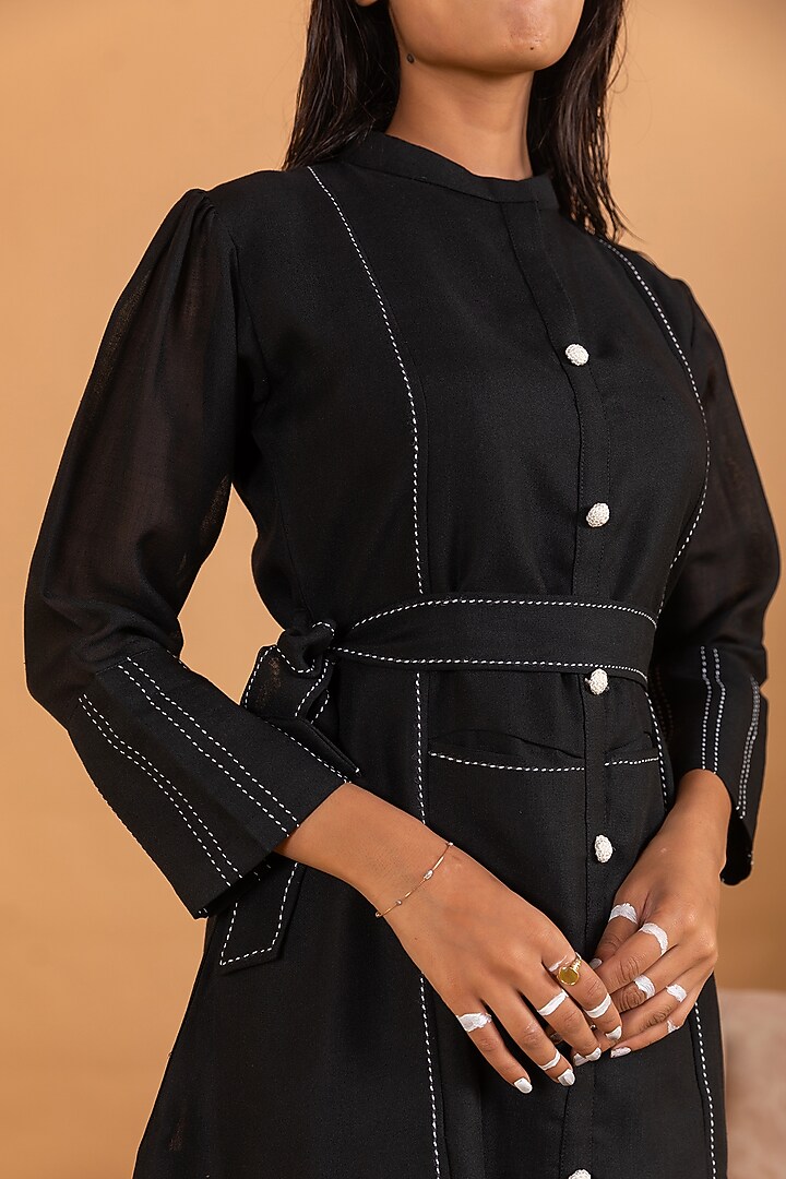 Black Linen Blend Embroidered Knee-Length Summer Dress by Savaaya at Pernia's Pop Up Shop