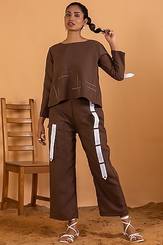 Brown Linen Blend Embroidered Co-Ord Set by Savaaya