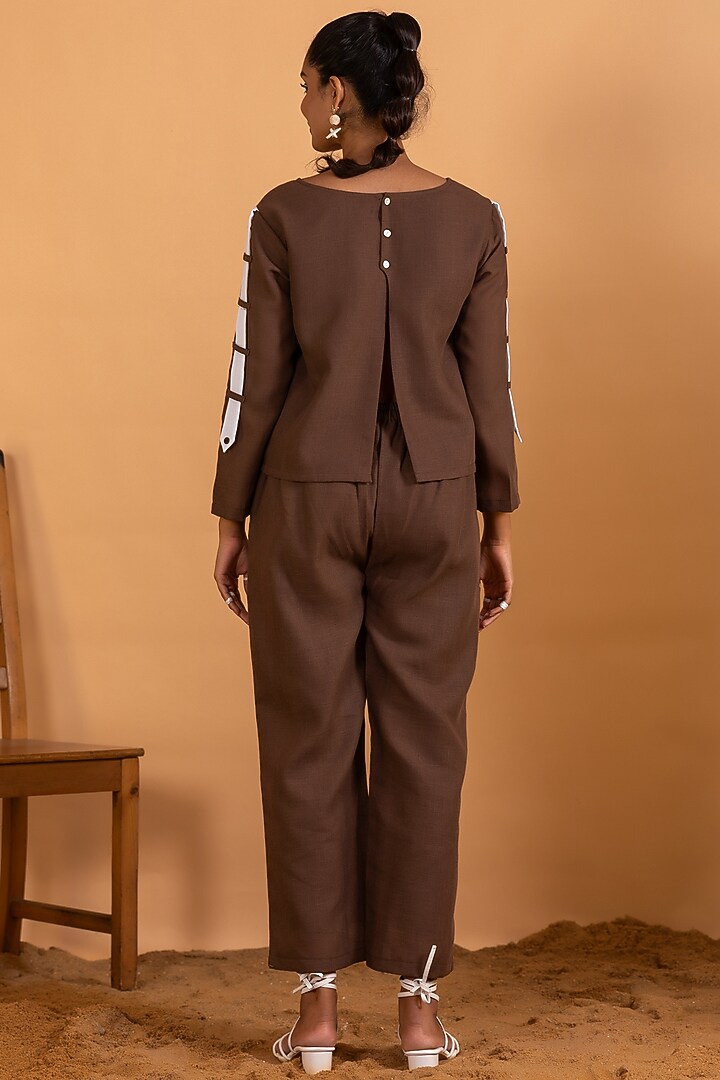 Brown Linen Blend Embroidered Co-Ord Set by Savaaya at Pernia's Pop Up Shop