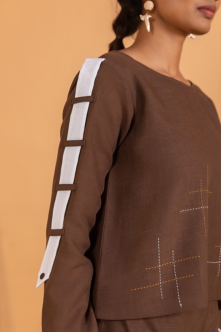 Brown Linen Blend Embroidered Co-Ord Set by Savaaya at Pernia's Pop Up Shop