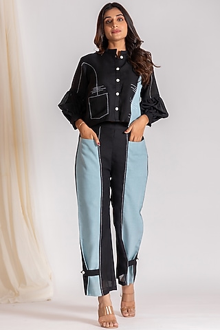 Black Linen Blend Embroidered Co-Ord Set by Savaaya