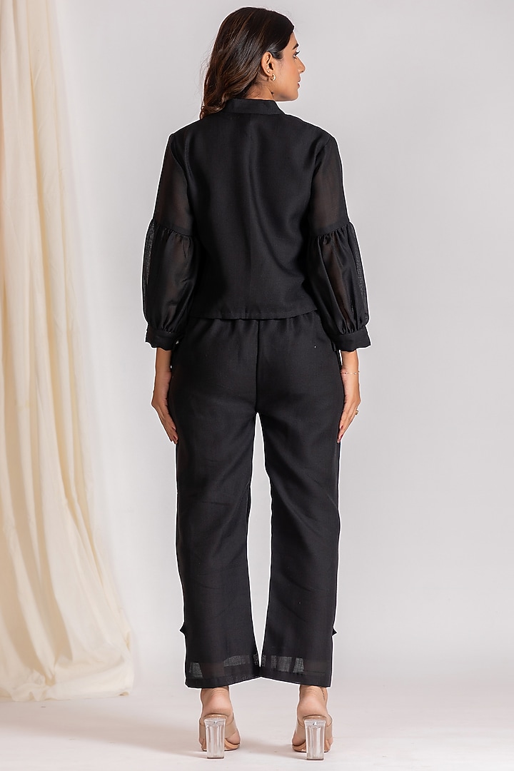 Black Linen Blend Embroidered Co-Ord Set by Savaaya at Pernia's Pop Up Shop