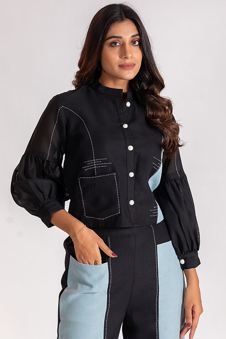 Black Linen Blend Embroidered Co-Ord Set by Savaaya at Pernia's Pop Up Shop