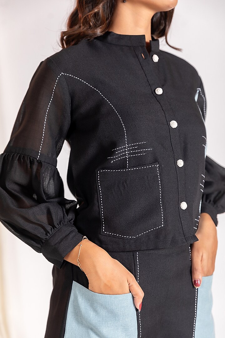 Black Linen Blend Embroidered Co-Ord Set by Savaaya at Pernia's Pop Up Shop