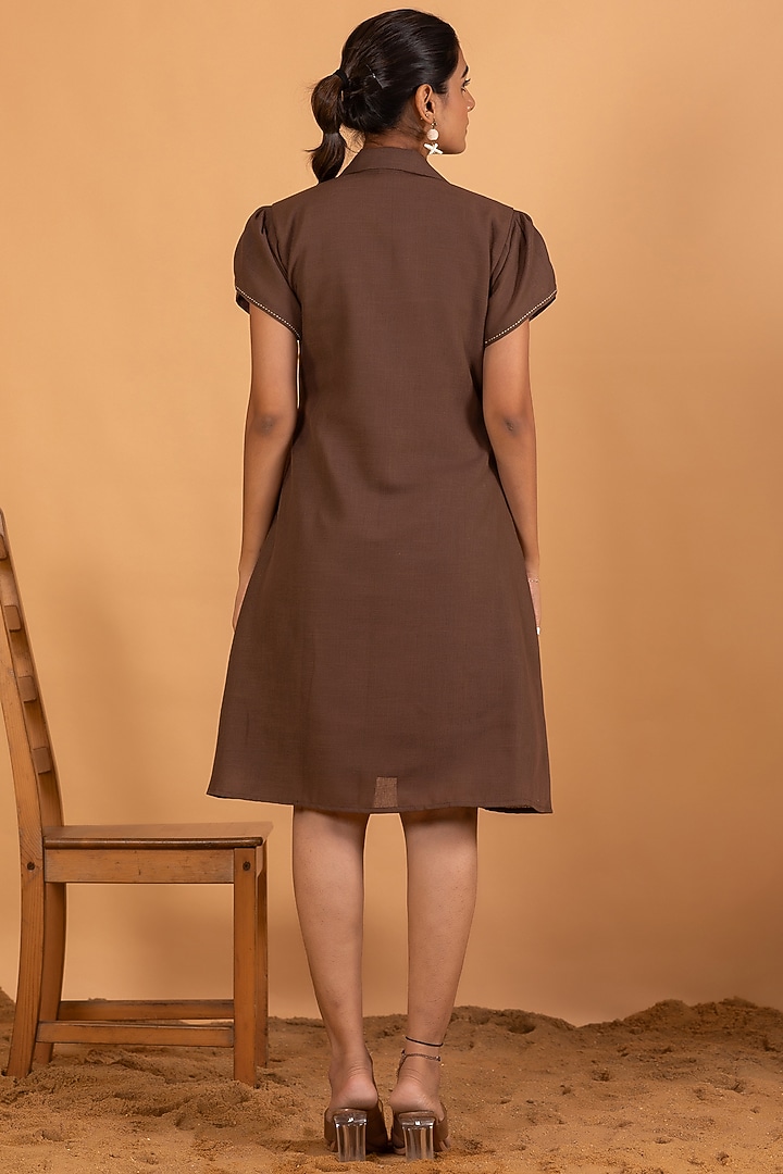 Brown Linen Blend Embroidered Knee-Length Gathered Summer Dress by Savaaya at Pernia's Pop Up Shop
