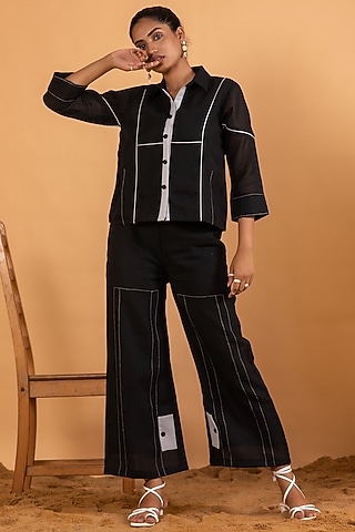 Black Linen Blend Embroidered Co-Ord Set by Savaaya
