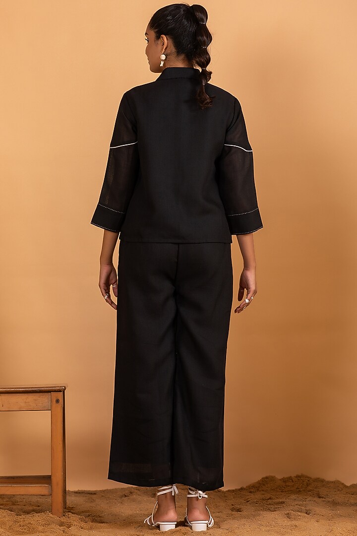 Black Linen Blend Embroidered Co-Ord Set by Savaaya at Pernia's Pop Up Shop