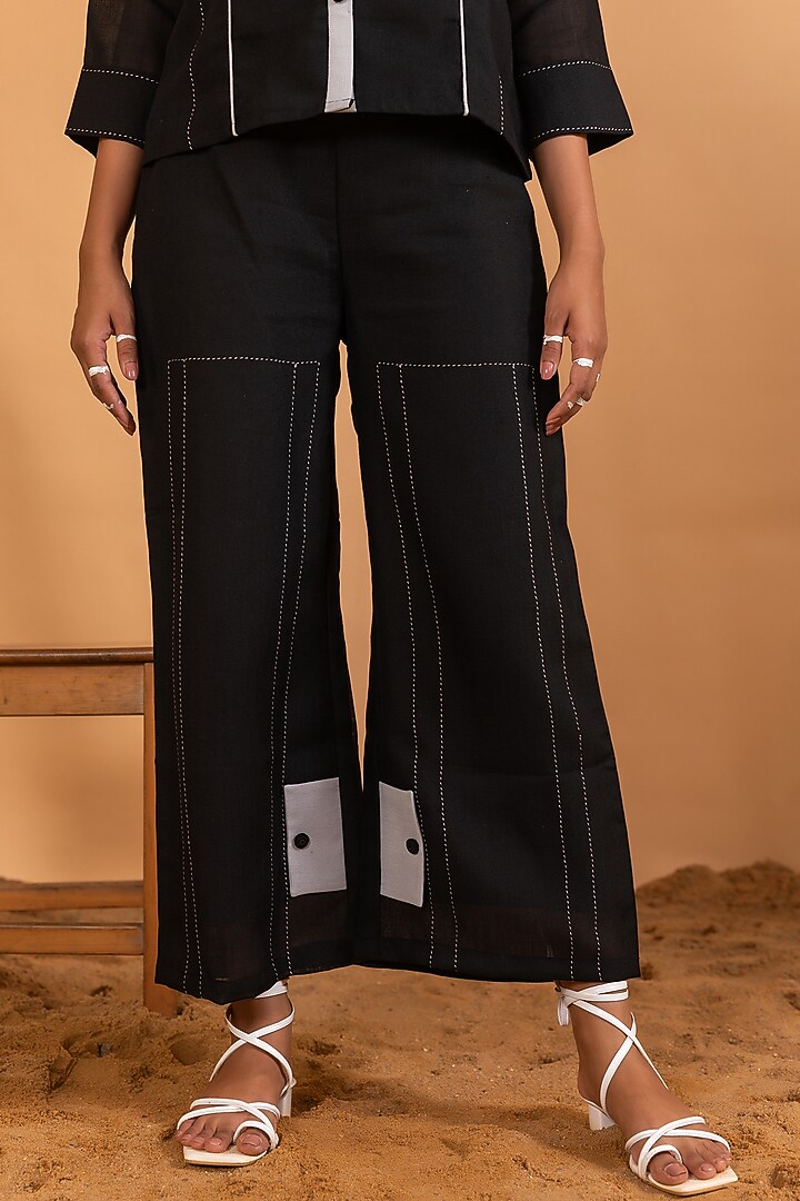Black Linen Blend Embroidered Co-Ord Set by Savaaya at Pernia's Pop Up Shop