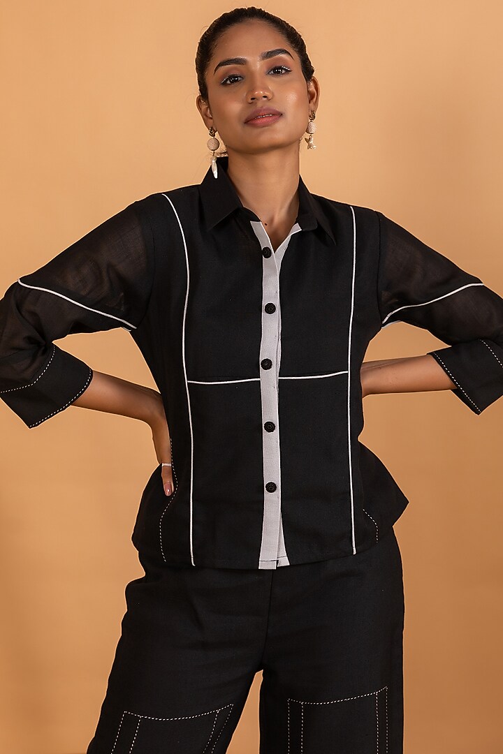 Black Linen Blend Embroidered Co-Ord Set by Savaaya at Pernia's Pop Up Shop