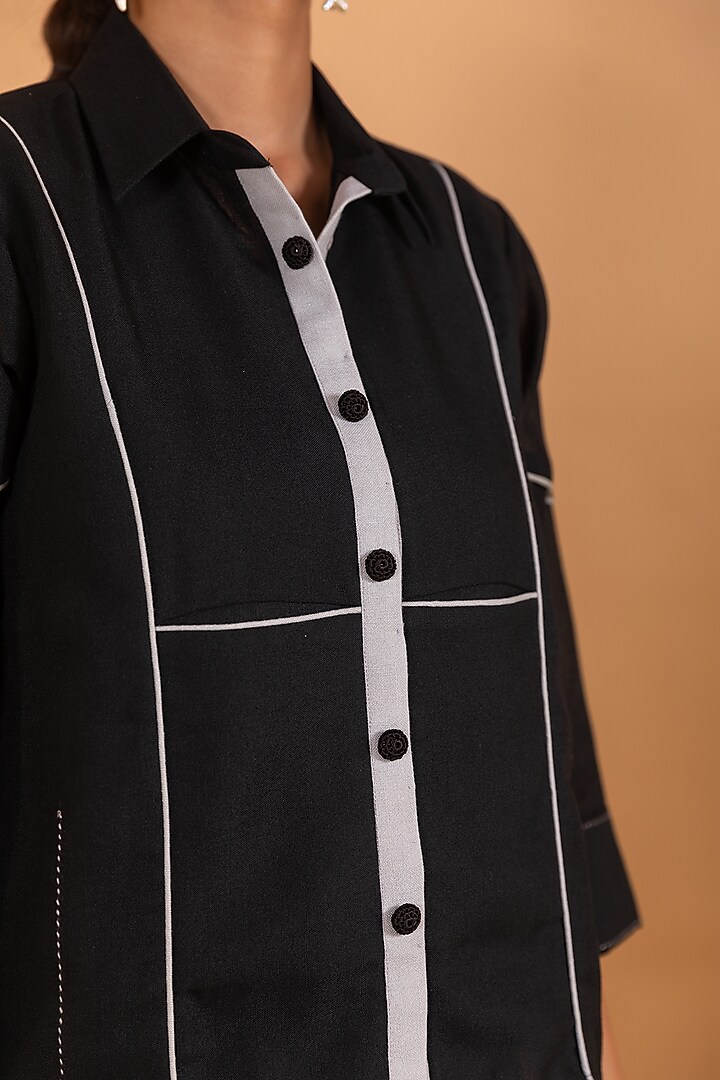 Black Linen Blend Embroidered Co-Ord Set by Savaaya at Pernia's Pop Up Shop