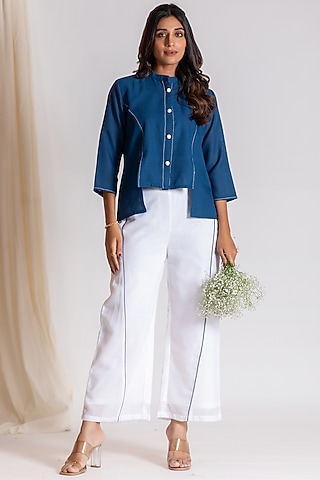 Blue & White Linen Blend Embroidered Co-Ord Set by Savaaya