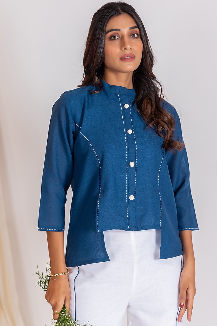 Blue & White Linen Blend Embroidered Co-Ord Set by Savaaya at Pernia's Pop Up Shop