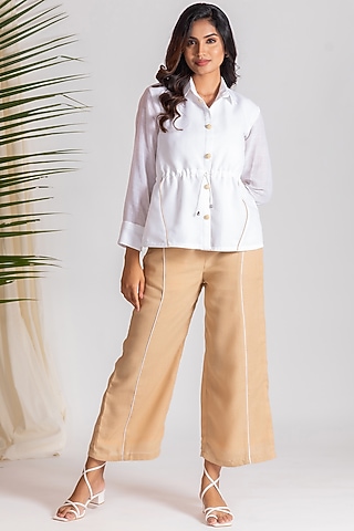 Beige & White Linen Blend Co-Ord Set by Savaaya