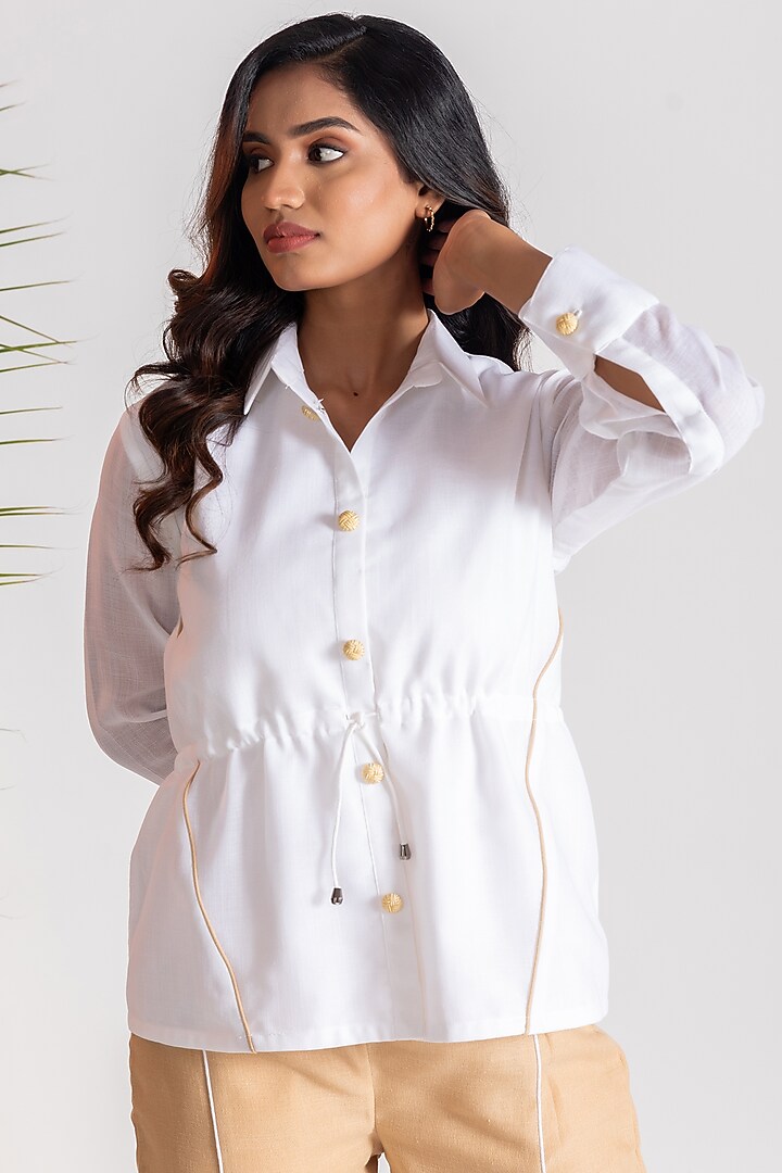 Beige & White Linen Blend Co-Ord Set by Savaaya at Pernia's Pop Up Shop
