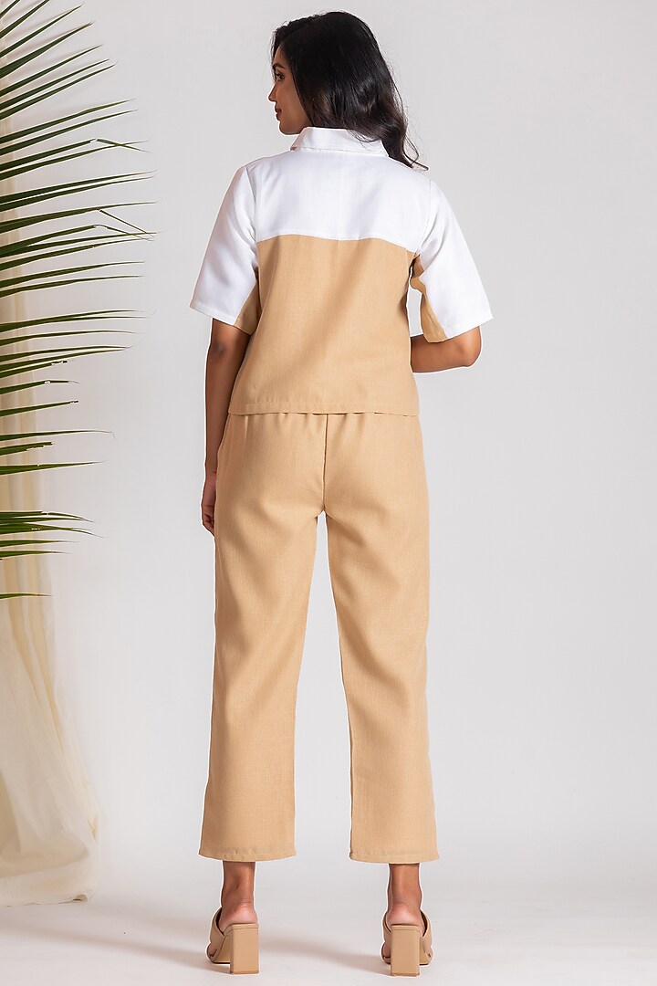 Beige Linen Blend Embroidered Co-Ord Set by Savaaya at Pernia's Pop Up Shop