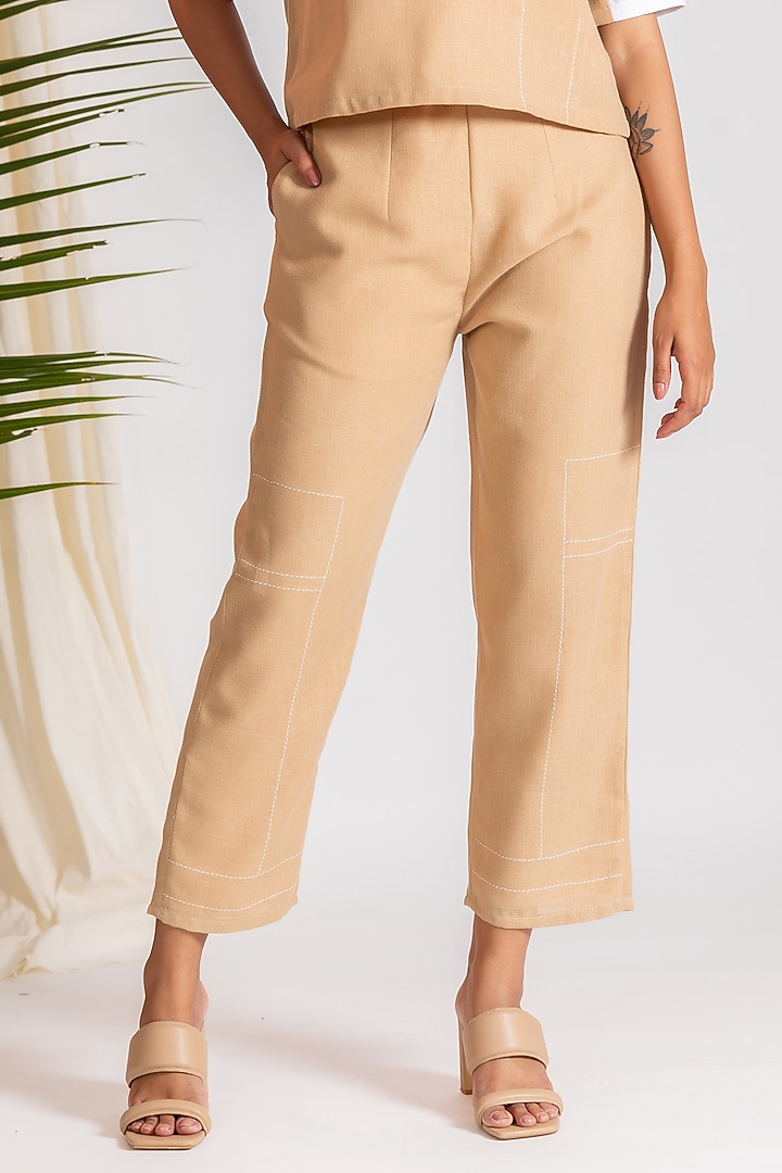 Beige Linen Blend Embroidered Co-Ord Set by Savaaya at Pernia's Pop Up Shop
